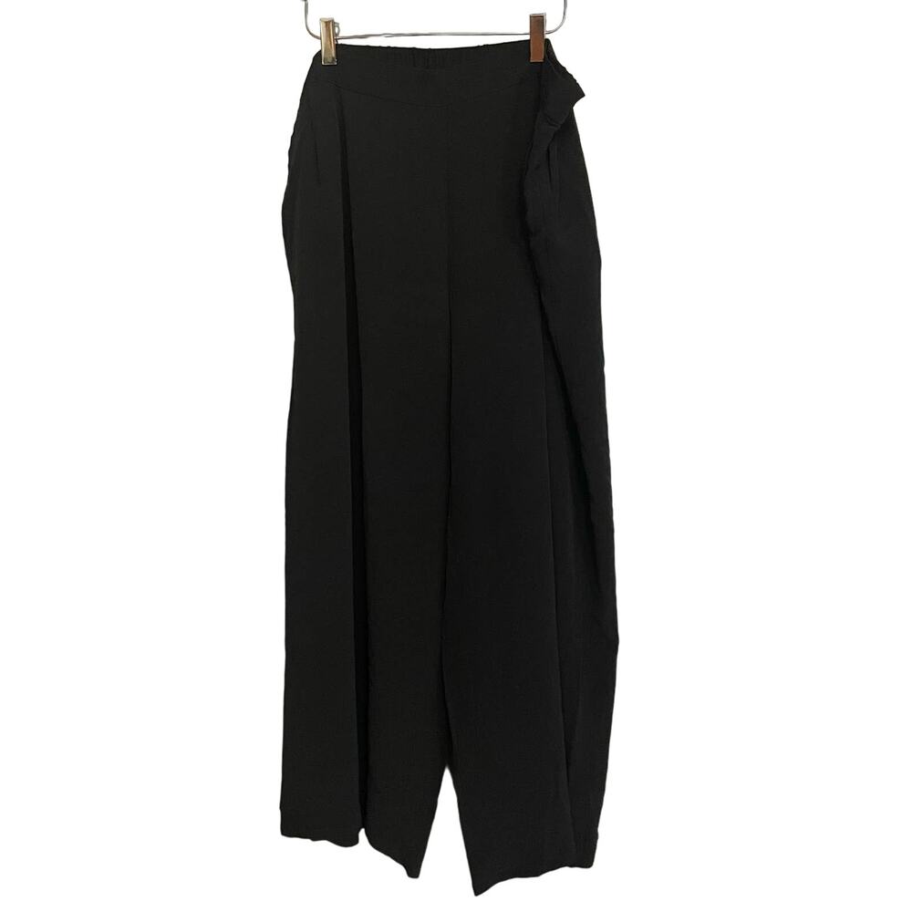 Eileen Fisher Pants Cropped Wide Leg Pull On Black Stretch Size‎ L Pockets Crepe